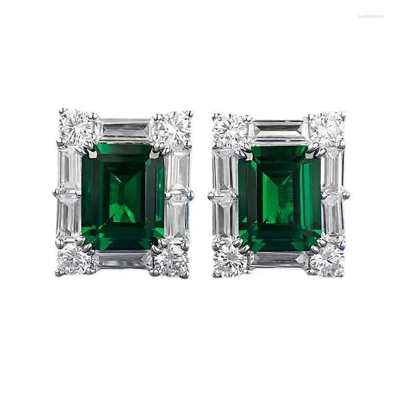 Stud Earrings S925 Silver Ear Studs Rectangular 2-carat Simulated Emerald 7 9 Explosive High Carbon Diamond For Women