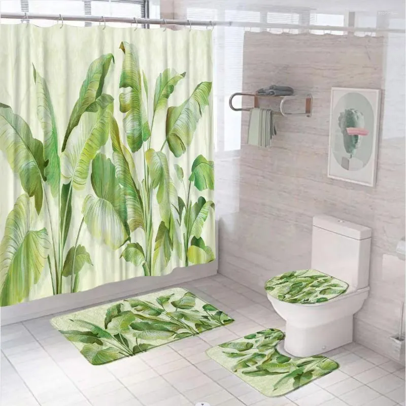シャワーカーテン緑の葉印刷カーテントロピカルプラントパームバスルームアンチスリップバスマットセットトイレラグカーペットホーム