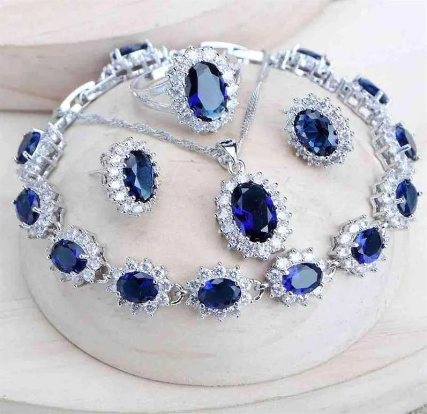 Silver 925 Kvinnor Brudsmycken Set Blue Zirconia Costume Fina smycken Bröllopshalslingörhängen Ringar Ringar Armband Pendant Set 221923079