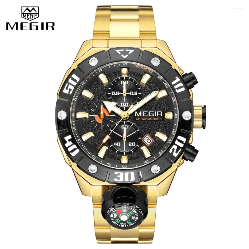 Wristwatches MEGIR Top Brand Chronograph Quartz Watch For Men Fashion Sport Wristwatch Male With Luminous Auto Date (Decorative Compass)