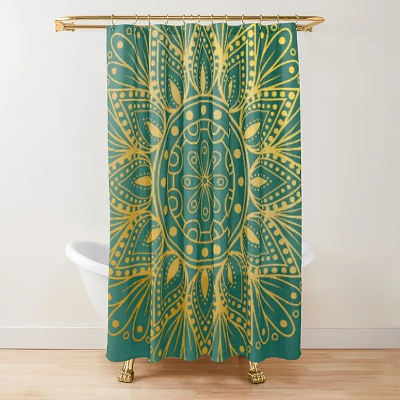 Sapphire and Jade Stained Glass Mandalas Shower Curtain, Mandala Flower Lines, Display Artwork Fabric, Bathroom Decor Set