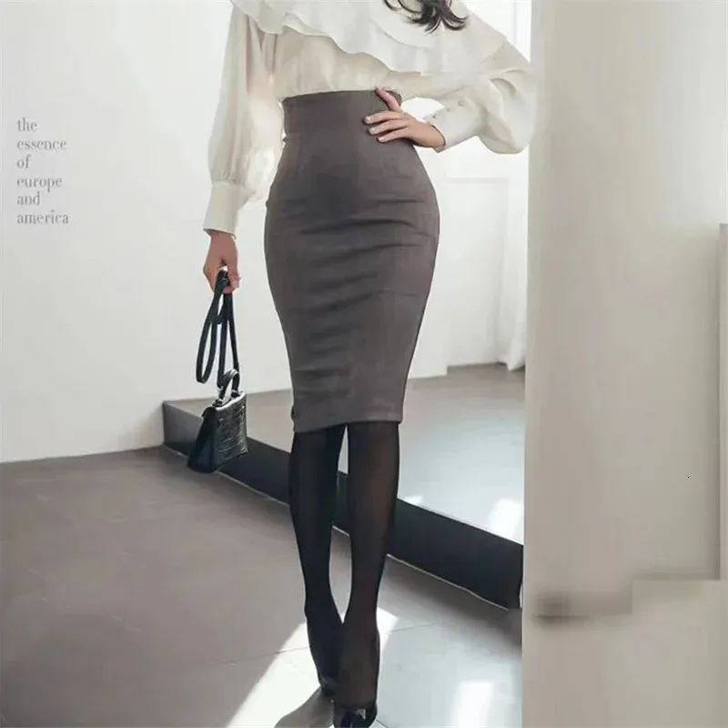 Suo chao s5xlplus size sexig multi blyerts kjol kvinnor fast färg hög midja mocka mantel baksida split midi bodycon kjolar 240403