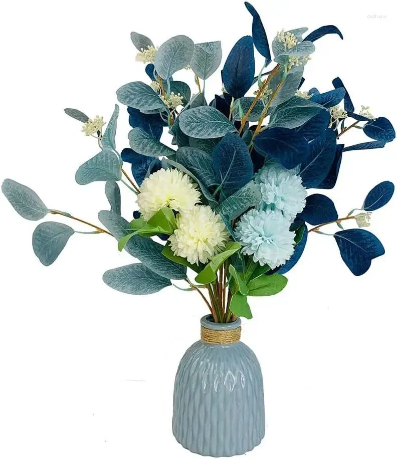 Dekorative Blumen Fwowoert künstliche Eukalyptusblatt -Stamm Seidenhortena Dekoration für Hochzeitsheimparty (nicht einschließlich Vase) (blau)