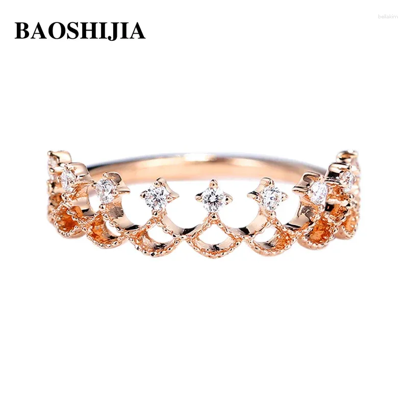 Anelli a grappolo Baoshijia Solid 18K Rose Gold Women's Bellish Crown Ring Princess Diamond Band Women Elegant