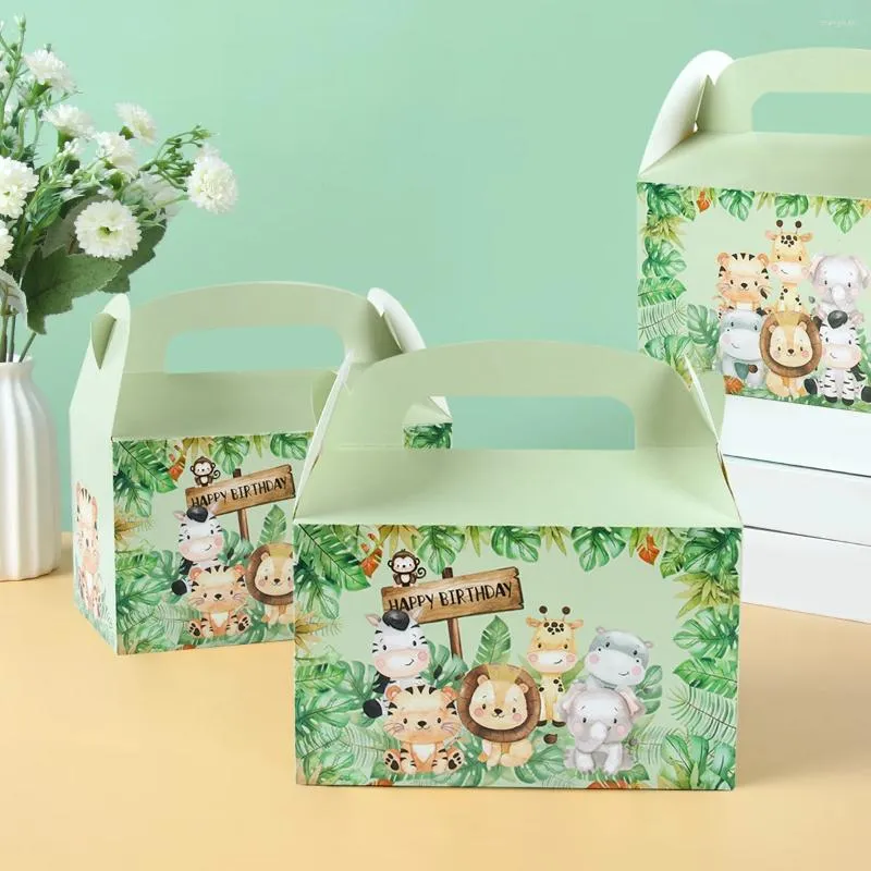 Geschenkverpackung 4pcs Dschungel Tier Süßigkeiten Boxen Safari Geburtstag Kinder Verpackung Box Wild One Babypartyzubehör Taschen Taschen