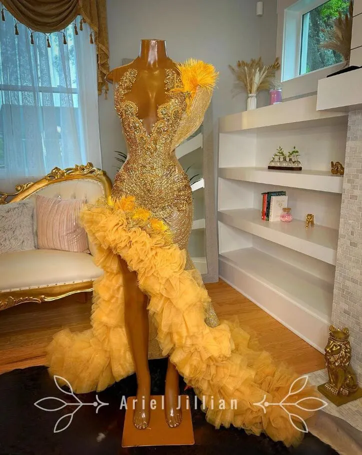 Vestidos de festa de cerimônia noturna de sereia brilhante Gold para menina negra 2024 Luxury Diamond Gillter, vestido de baile vestido festa