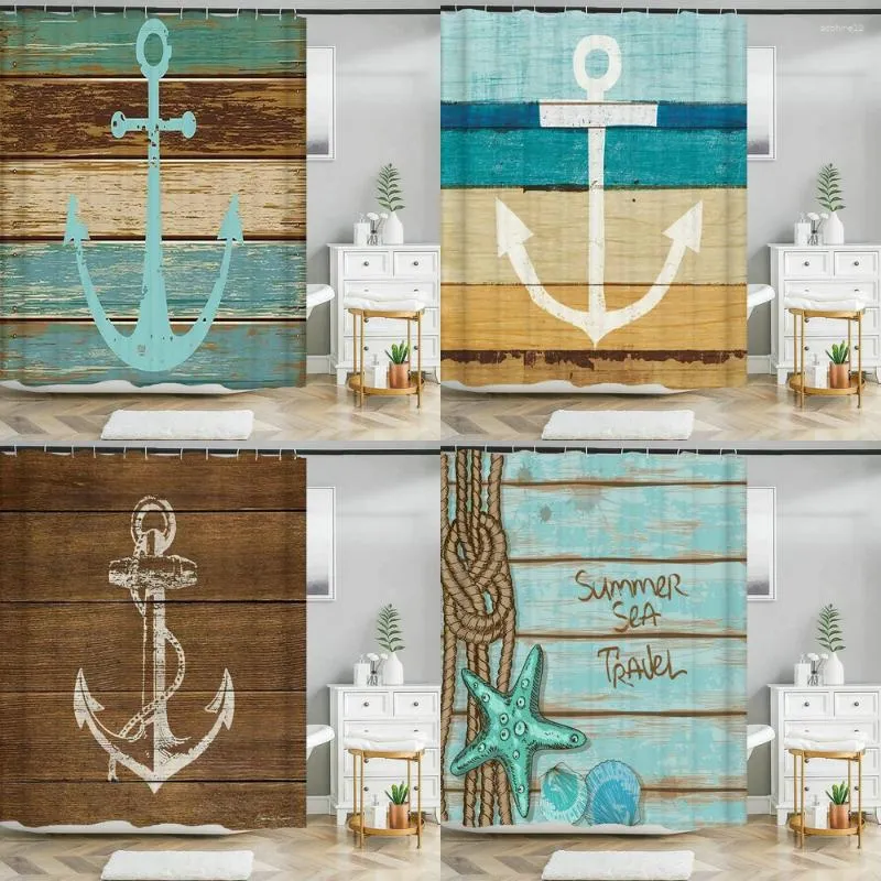 Cortinas de chuveiro Cortina de impressão a âncora de madeira oceânica azul Banheiro impermeável Decoração de banho náutica de estilo retro com ganchos