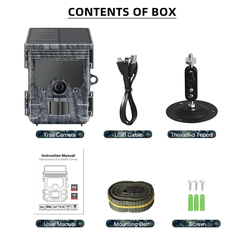 Sungususoutdoors Wild Game Trail Camera, utomhusfällor med WiFi -app, solpanel, vattentät IP66 för jakt, 4K, 46MP