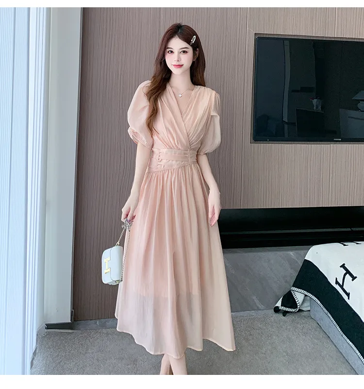korean fashion evening dress Fairycore Flower Long Evening Dress Women Korean Style Puff Sleeve Tun –  Pbong main image 1