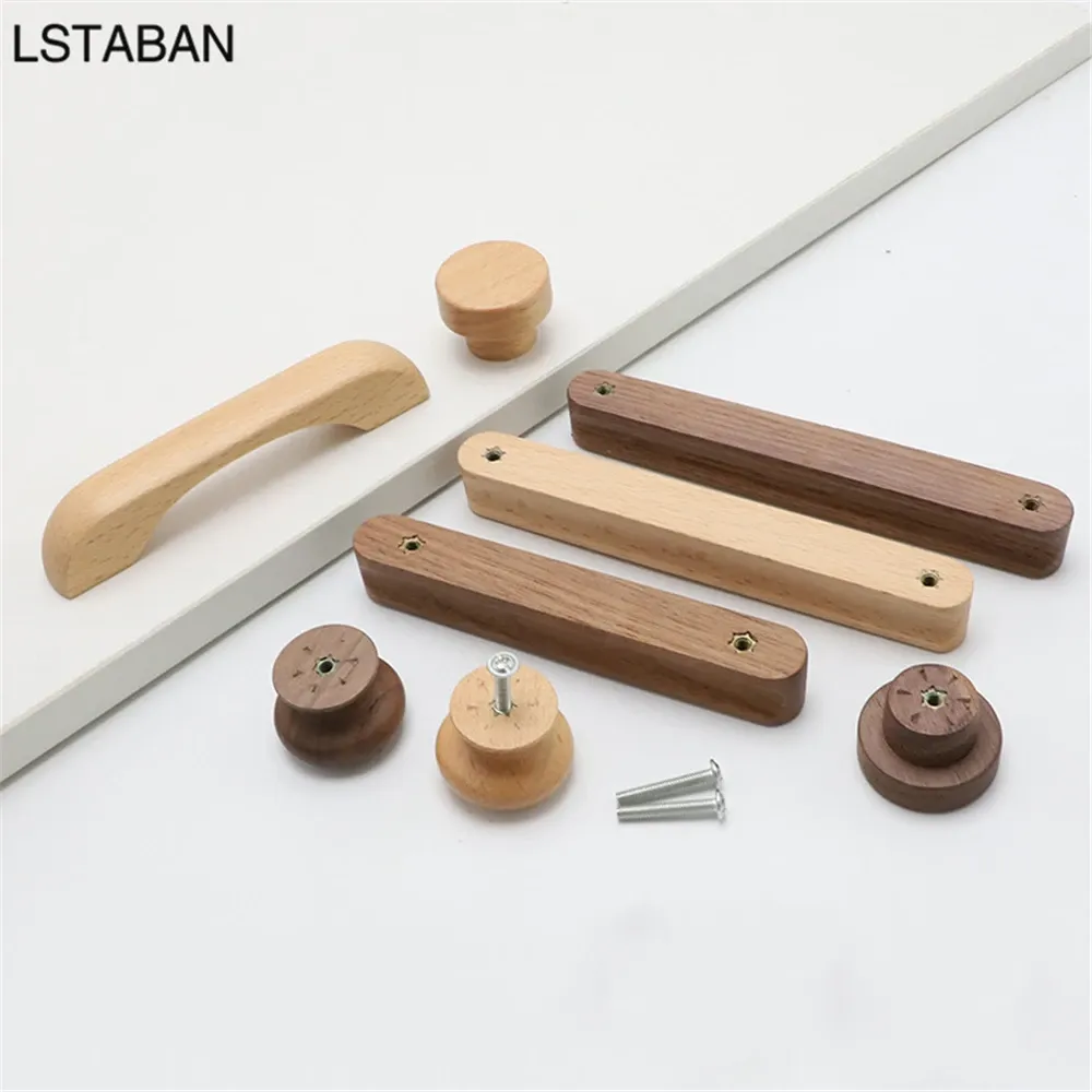 Träskåphandtag Beech Walnut massivt trämöbler Dörrhandtag Kökskåpslådor Knobs Garderob Hardware Pull Handle