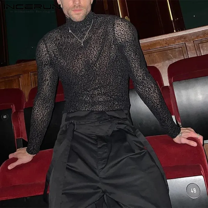 DHgate.com:Mens Leopard Print Turtleneck Mesh Long Sleeve