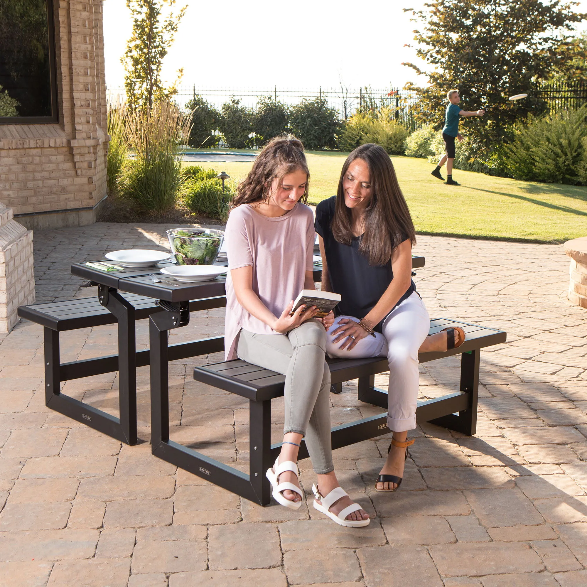 Convertible Patio Bench - Brown Wood Grain Outdoor Seating, Modern ...