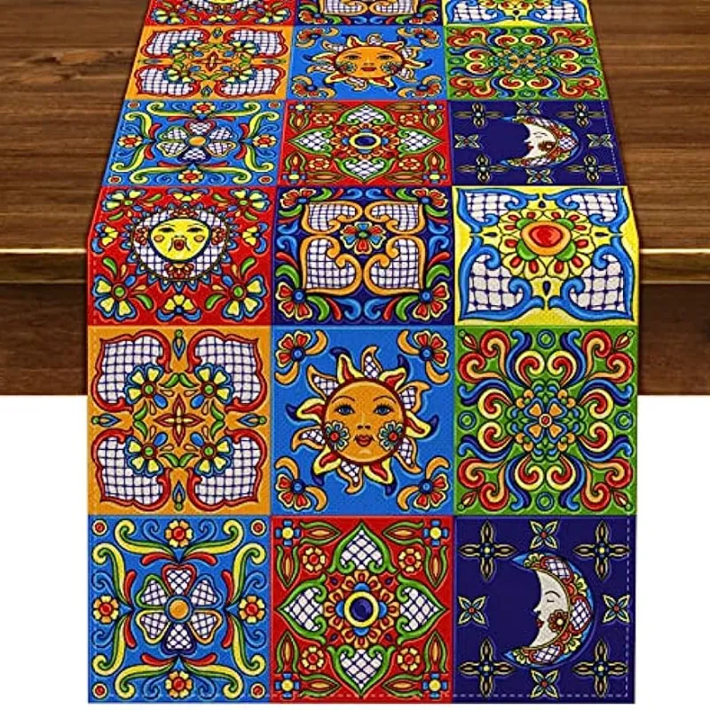 Mexican Talavera Ceramic Tile Linen Table Runner Party Decor Dia De Los Muertos Table Runners for Dining Table Decoration