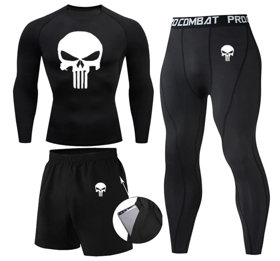 Kompresja MMA Rashguard Men S Jiu Jitsu T Shirt Pants Muay Thai Shorts Sayma Straż Skull Gym Men Bjj Boks 3pcs Zestawy Ubrania 227002296