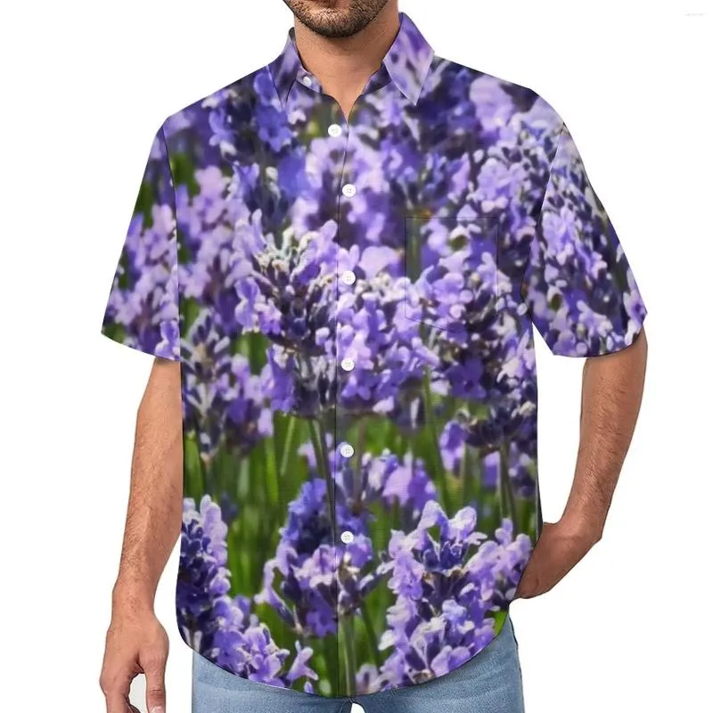 남자 캐주얼 셔츠 사랑스러운 라벤더 셔츠 잉글랜드 자연 보라색 꽃 해변 느슨한 하와이 패션 블라우스 짧은 소매 대형 상판