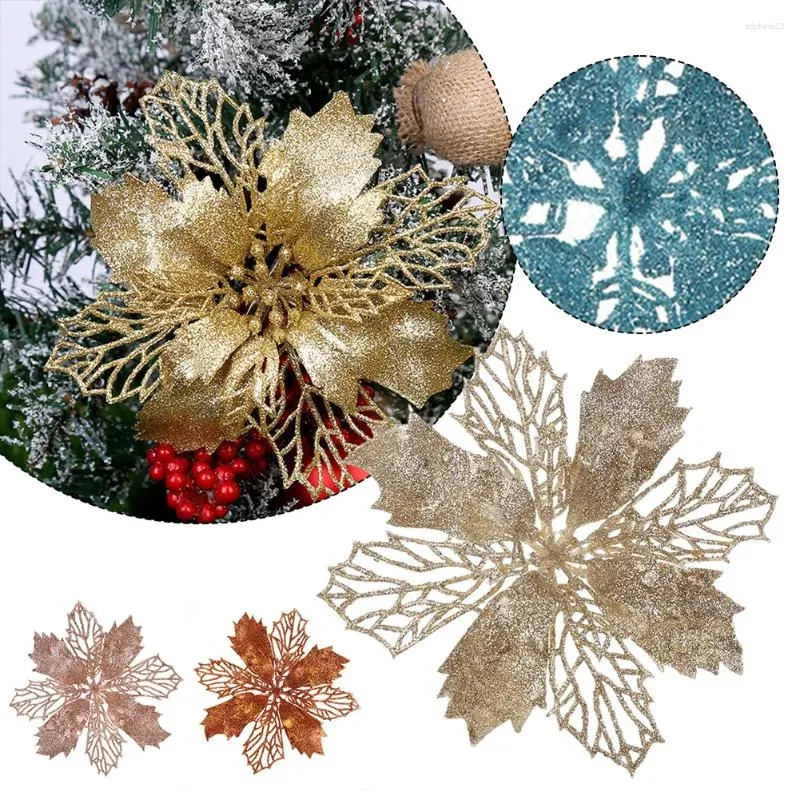 Decorative Flowers 12pcs/set 16cm Glitter Christmas Poinsettia Flower Xmas Tree DIY Wreath Artifical Hanging Home Navidad 2024 Year