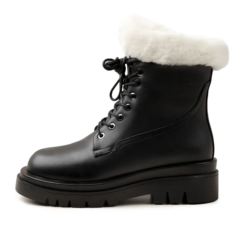 Women Wool Snow Boots SmallHut Winter Black Brown White Mid Square Heel Ankle Boot Street Ladies Lace Up Zipper Platform Shoes