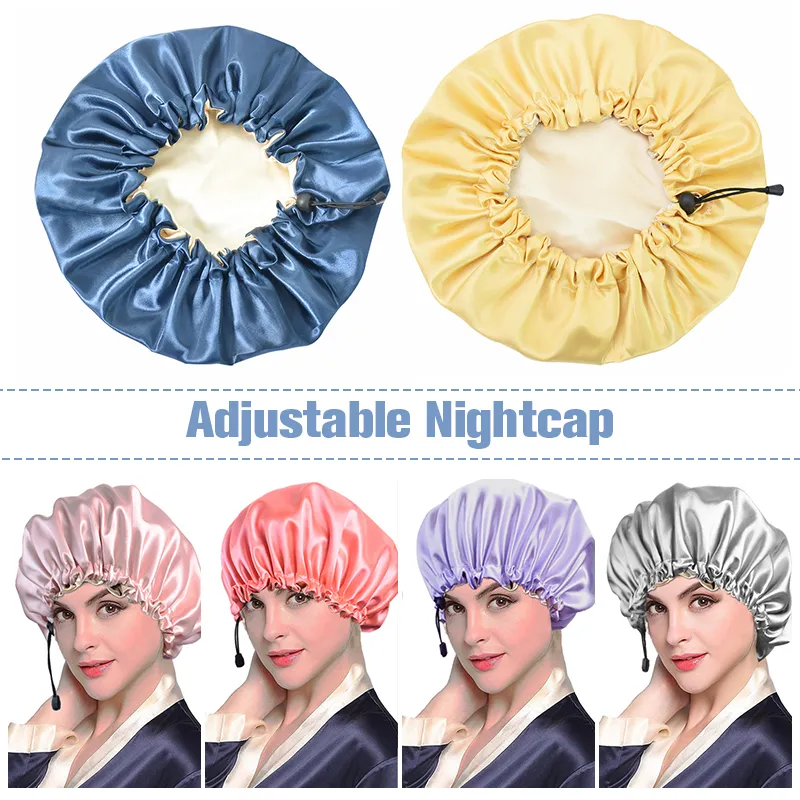 Ladies Satin Nightcap Solid Color Simple Drawstring Adjustable Hair Care Bandana Double Sided Shower Cap Chemo Head Cover