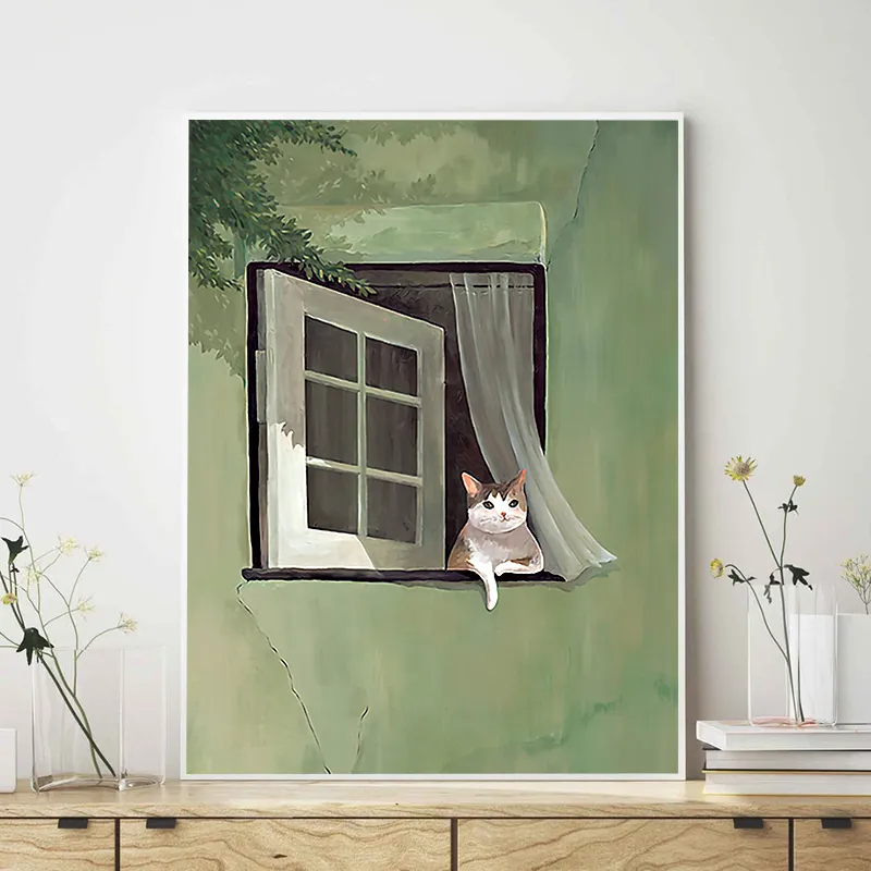 Paysage naturel vert Affiches maison maison chat animal mur art images imprimé toile peinture salon maison décoration esthétique