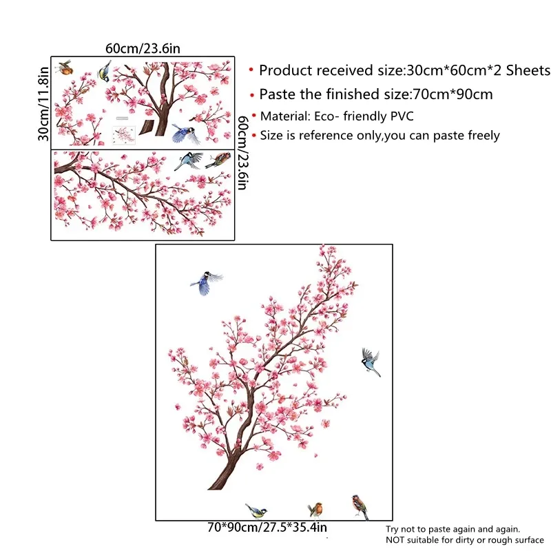 Blue Peach Blossom & Birds Wall Decals - 3D Watercolor Floral Tree Stickers, Peel & Stick For Bedroom, Nursery - View #3