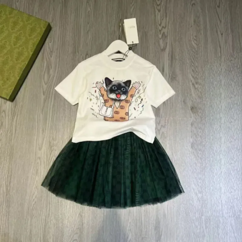 Luxury designer clothing set fashion girl cute mesh short skirt cotton two-piece set cci brand logo children puff sleeve dress shirt t-shirt set Kitty Clothing