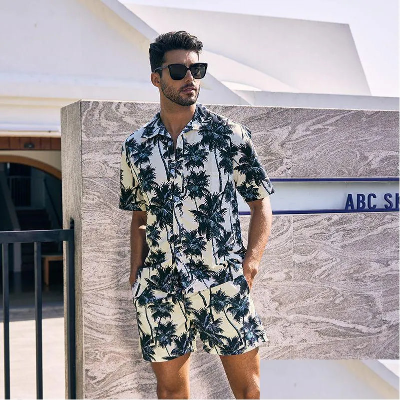 Mens Casual Shirts 2 Piece Hawaiian Outfits Tropical Print Short Sleeve Button Down Shirt And Shorts Set Plus Size S M L Xl Xxl Drop D Ot7T2