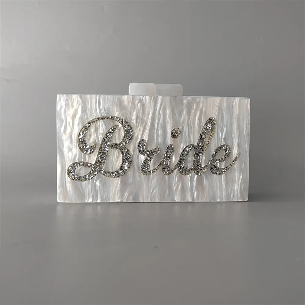 Luksusowa marka Pearl White with Silver Glitter Bride Mini Letters Graphic Mirror Acryl Pudełka