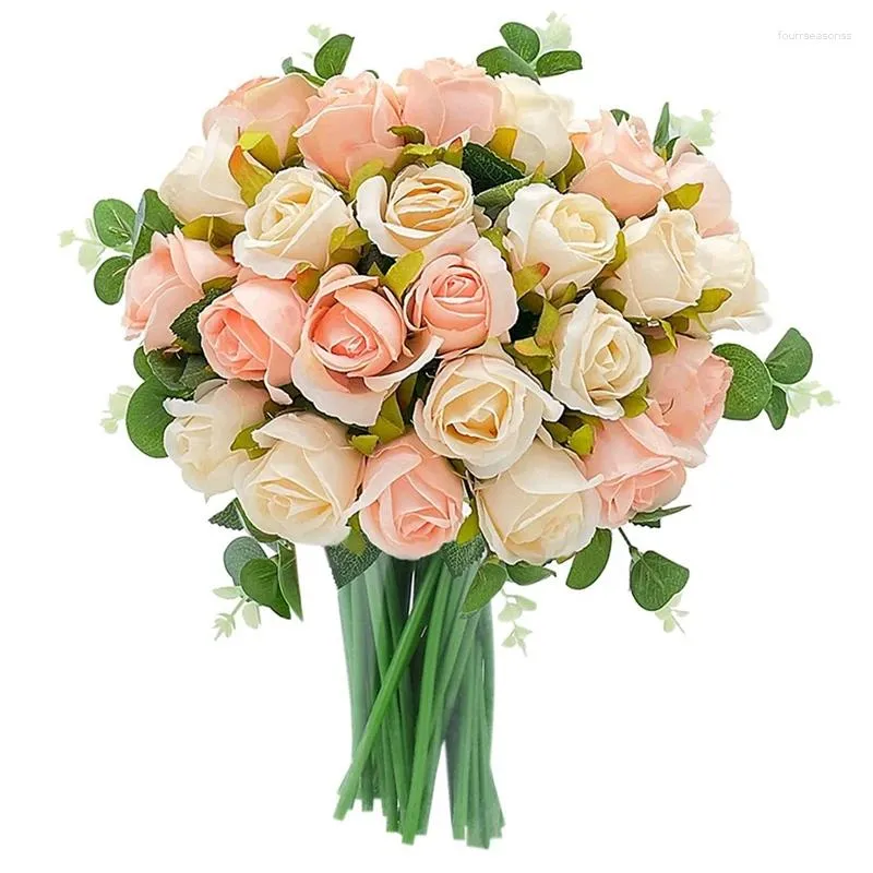 Decorative Flowers JFBL Artificial Fake Roses Bouquet 24 Heads & Eucalyptus Leaves Stems In Bulk Wedding