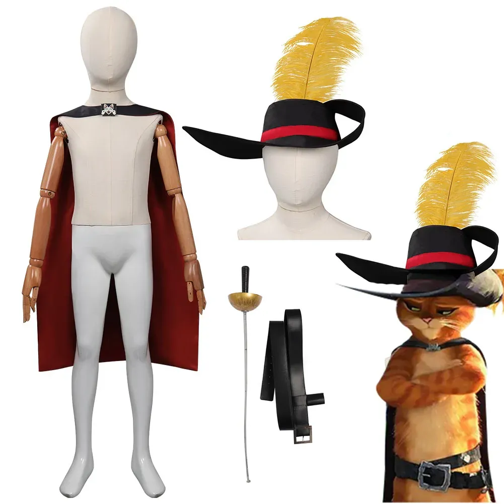 Puss cosplay i stövlar cosplay costume cloak hatt rollplay fantasia förkläde barn barn pojkar flickor vuxna halloween bälte