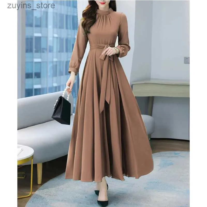 Basis Casual jurken Plus size lente herfst vrouwen maxi jurken vrouwelijk vintage volle mouw solide casual chiffon jurk vrouw bohemian lange jurken l49