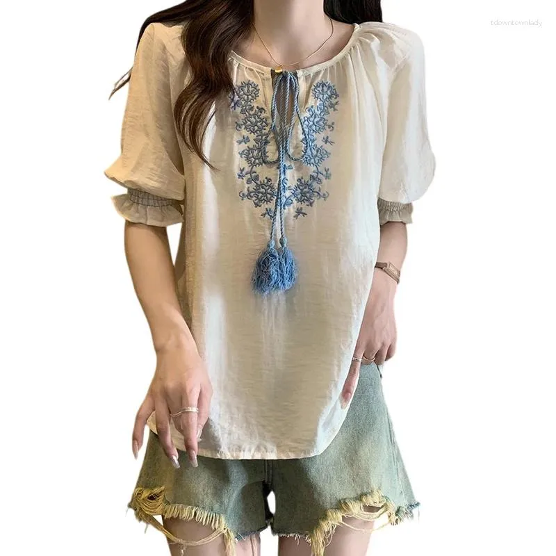 Women's Blouses Women Chiffon Blouse Summer O Neck Short Sleeve Shirt Thin Blue Coffee Large Size4XL Loose Korea Embroidery Fringe T-Shirt