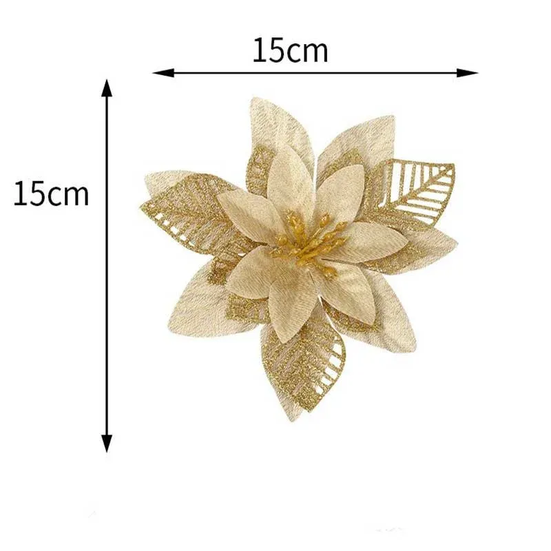 10 / 5pcs Décor de Noël Fleur artificielle Gold Ornm onsmas Ornements d'arbre Big Flower Heads for Home New Year Navidad Party Decor