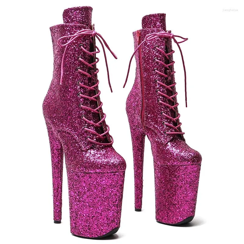 Sapatos de dança Leecabe 23cm/9inches Glitter Material Lace Up Up Saltos Altos Boot