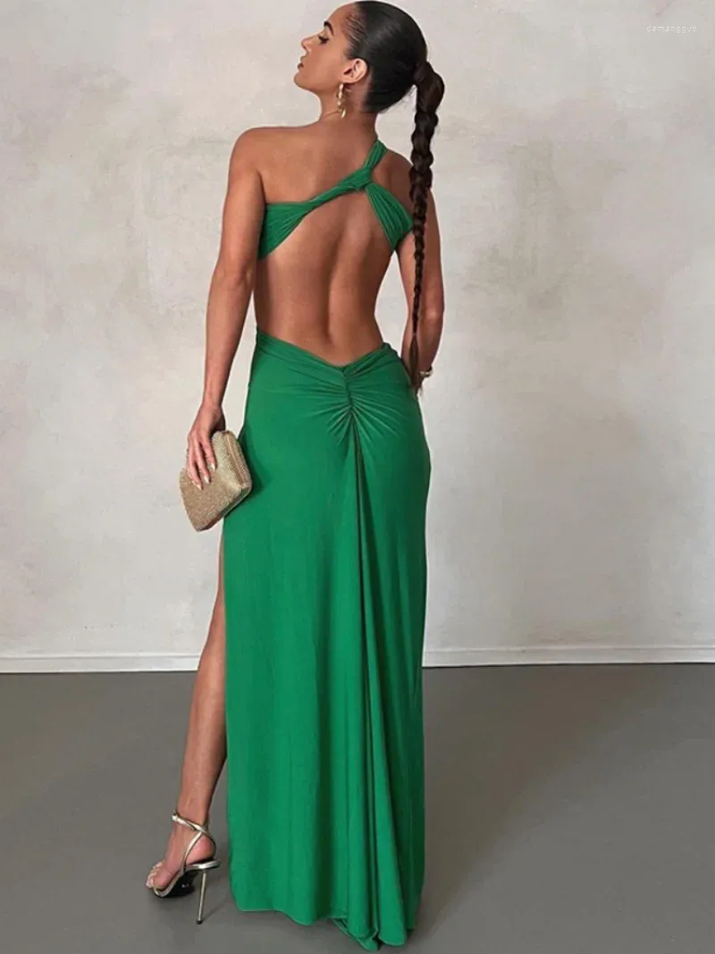 カジュアルドレスファッショングリーンブラックドレス2024対角首の切り抜き長い夏のオープンバックセクシーな女性パーティーの夜