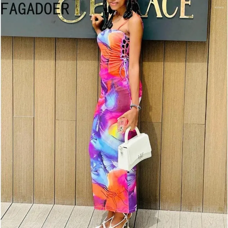 Vestidos casuales Fagadoer Sexy Tie Dye Printing Forycon Extraño Vestido Mujeres Correa delgada Singlevess Lace Up Slim Vestidos Fashion Femenina