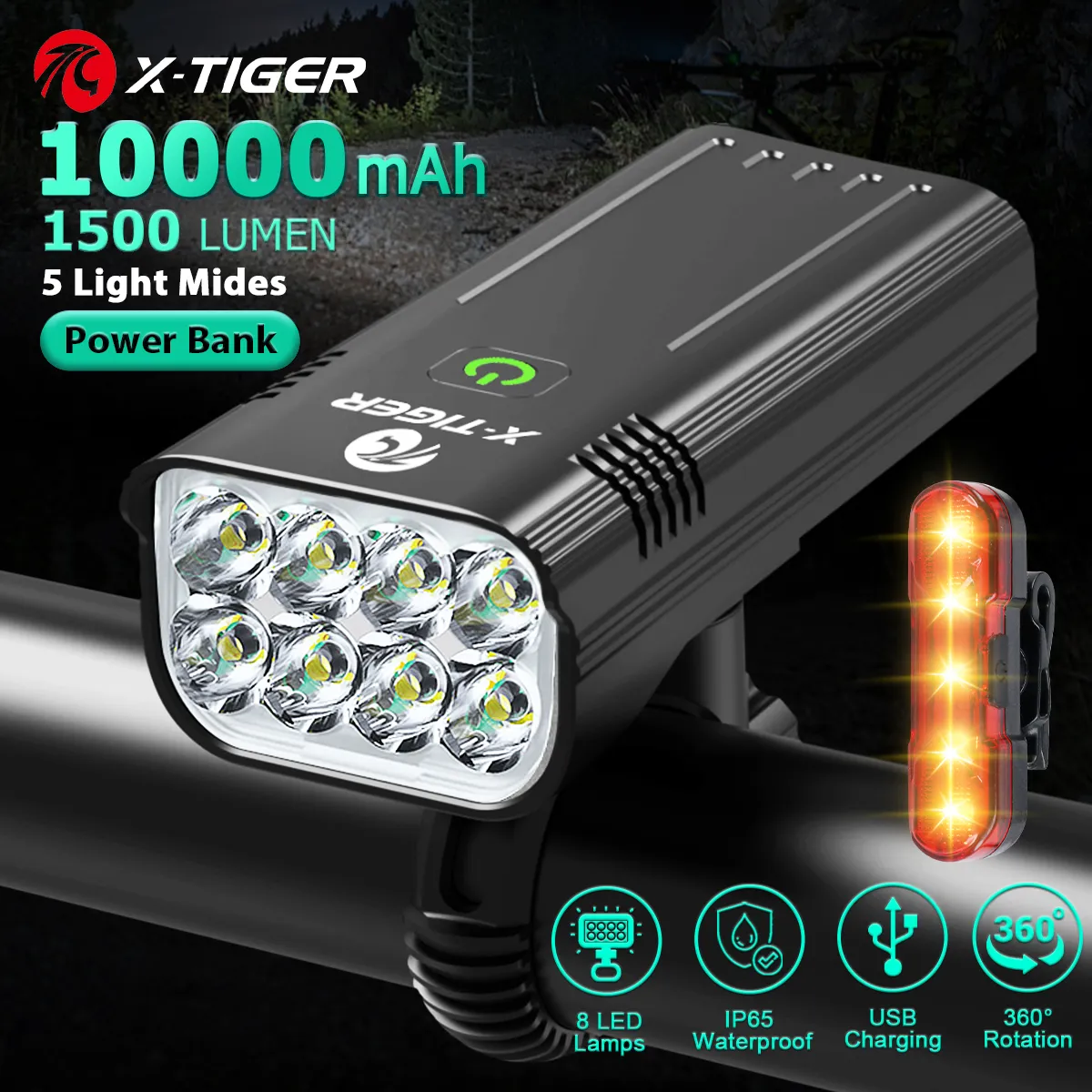 X-Tiger 8LED BIKE LIGHT USB RECHAREBLEABLE 10000mAh Batteri LED Cykelljus strålkastare MTB IPX6 Vattentät ficklampa Front Lamp