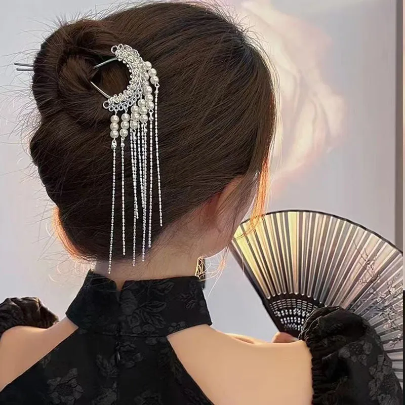 New Handmade Pearl Tassel Hair Sticks de estilo antigo, peças de cabelo de caba