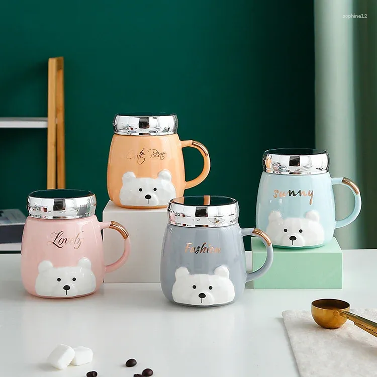 Mugs Cute Cartoon Ceramic Mug High Temperature Resistant Drinking Cup Creative Relief Bear Mirror Couple Student