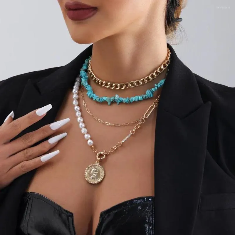 Naszyjniki wisiorek boho warstwowy turkusowy naszyjnik perłowy zestaw z koralikami z metalowym kołem łańcuchowym papieru dla kobiet