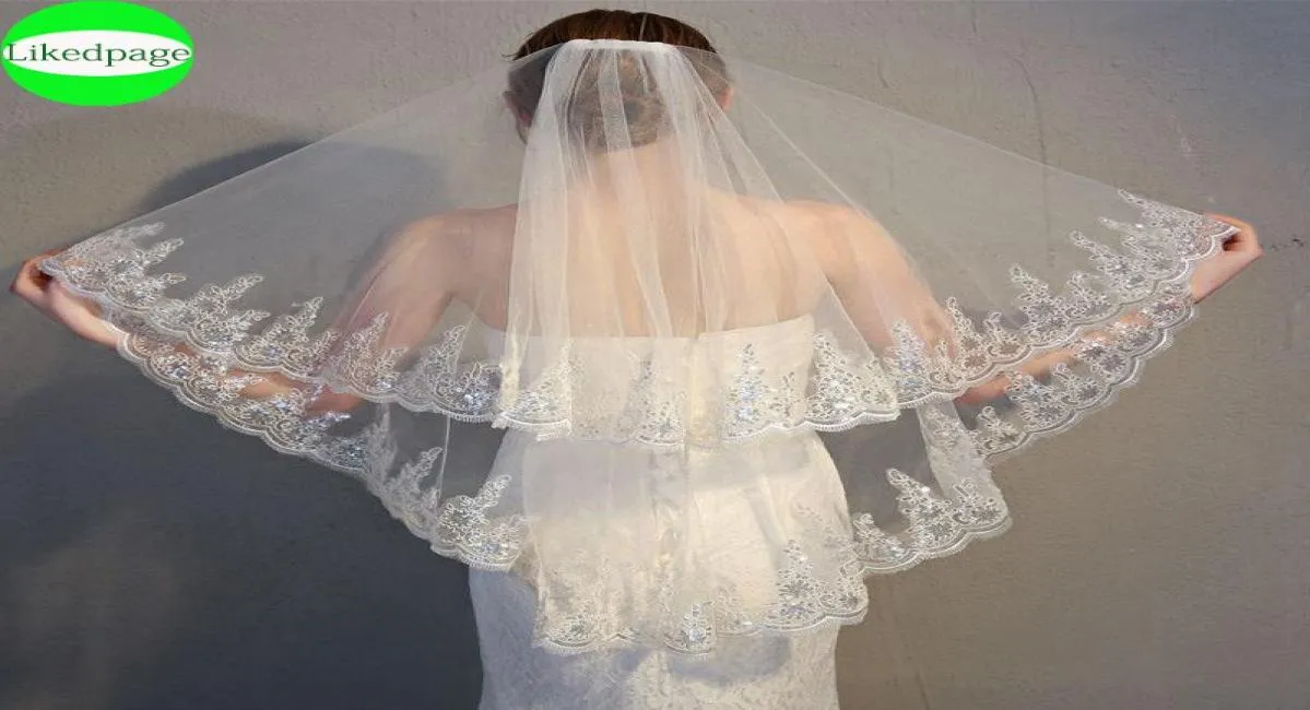 Bridal Veils Krótkie ślubne Bride Akcesoria 2021 Dwu warstwowy głos Mariage Welon Slubny cekin koronkowy Edge Velo de novia sposa W4177686