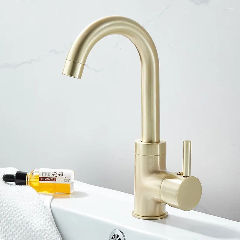 Bathroom Sink Faucets 1PC Solid Brass Brush Gold Basin Faucet Single Lever And Cold Mixer Tap Lavtory With 2 Hoses