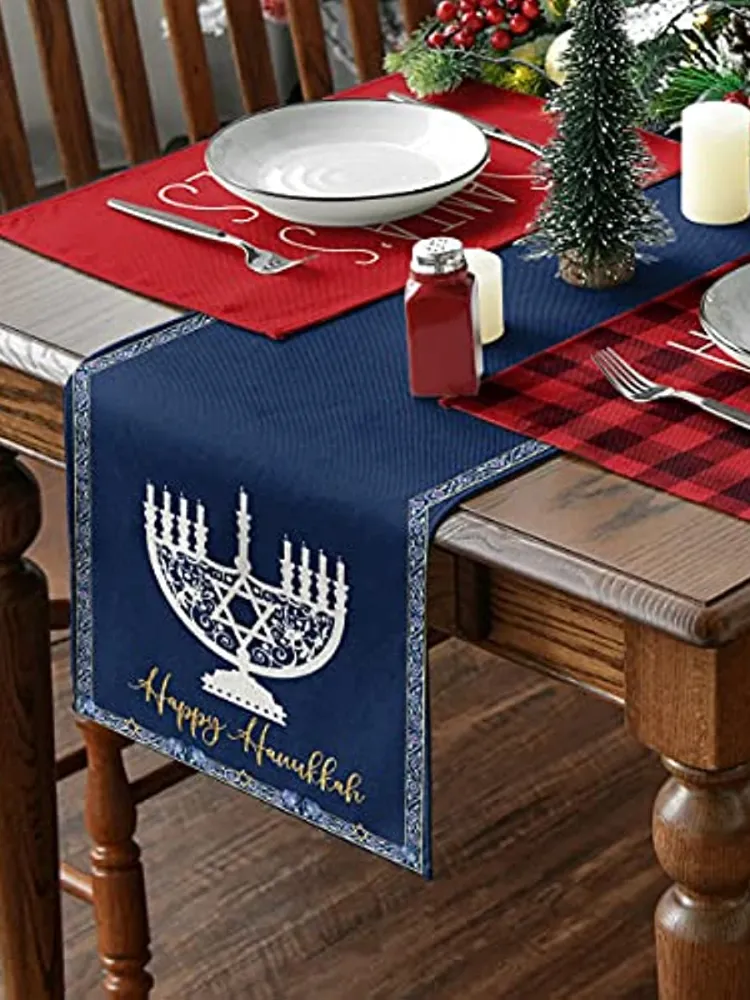 Hanoukka Linen Table Runners Hanoukah Jewish Menorah Holiday Kitchen Dining Table Decor for Intérieur Outdoor Decor Table Runner