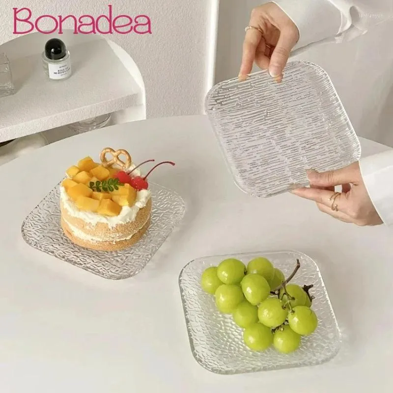 Borden creatieve gegraveerde glazen lade Dessert Fruit Cake Plate Transparant Glass Salad Restaurant Keukenaccessoires