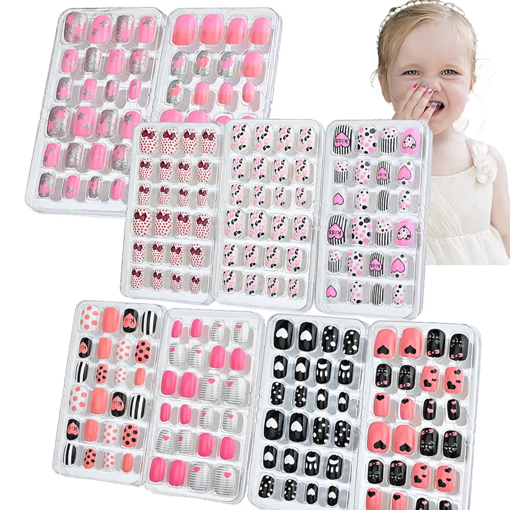 24pcs/box Children False Nail Kid Fake Nail Tips Short Heart Pink Black Full Cover Cute Fingernails for Little Girls Present