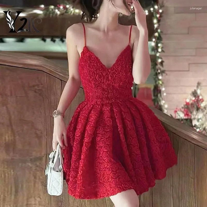 Casual Dresses Y2K Clothes Red Spaghetti Strap Mini For Women Sweet Sexy V-neck Flower Slim Party Night Club Dress Evening Vestidos