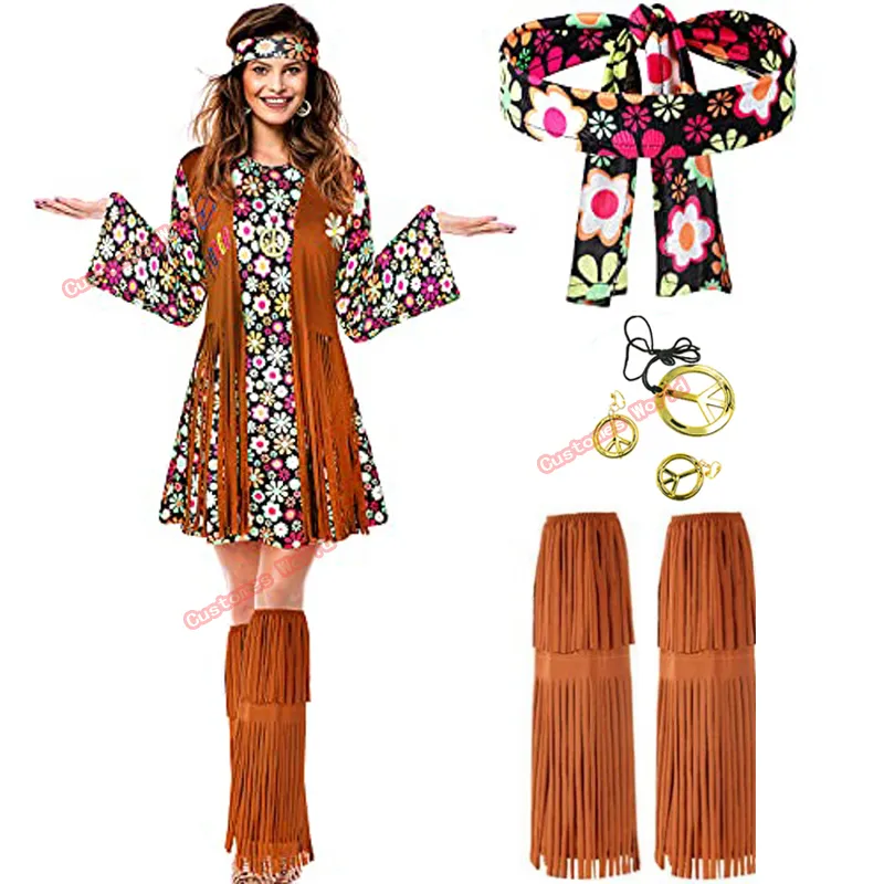 Hippie kostym kvinnor fred älskar flickor fest 60s 70 -tal hippie scenkläder kostym indiska tofsar hippie prestationstillbehör