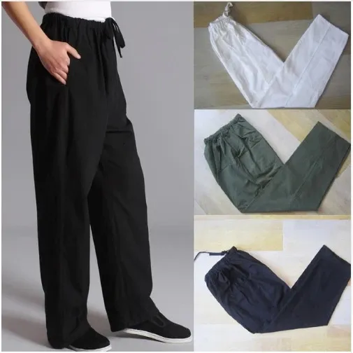 100% Cotton Chinese Traditionella män Kung Fu Pants Wu Shu Tai Chi Elastic midja Löst långa byxor S M L XL XXL XXXL240408