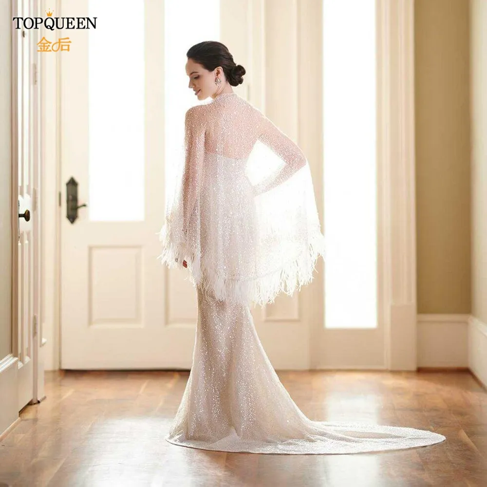 TopQueen G23 Feather Cape Lace Jacket för flickvän Sparkly Veil Shiny Wedding Jackets med paljetter Crystal Pärled Bling