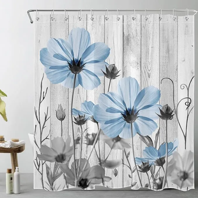 Country Blue Floral Chuser Cortina para Banheiro Flor Botânico em cortinas de chuveiro de banheiro de madeira cinza retro rústico com ganchos