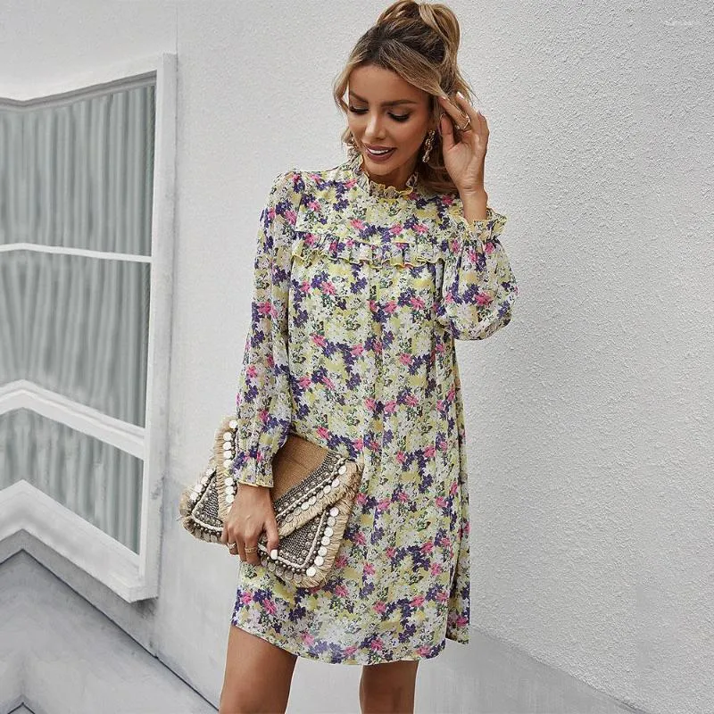 Casual Dresses Ruffles Half High Collar Ladies A Line Print Dress Turtleneck Loose Skirt